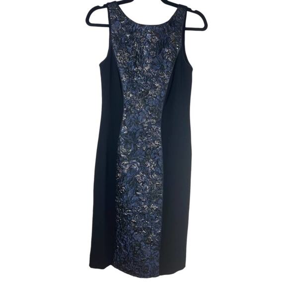 THEIA DRESS 4 METALLIC JACQUARD FLORAL BLUE GOLD COCKTAIL SHEATH SLEEVELESS - Picture 2 of 6